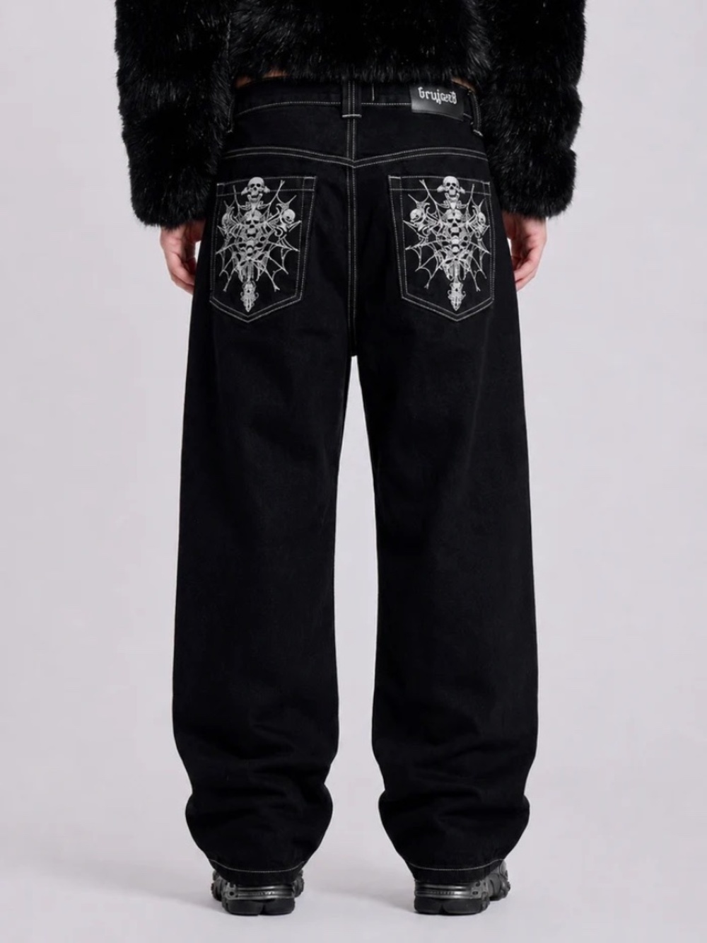 Y2K Black Skeleton Pocket Baggy Wide Leg Jeans L